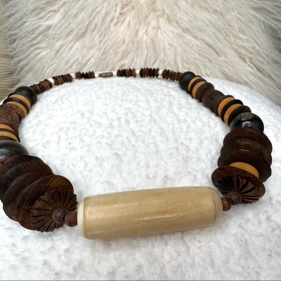Wooden Beaded Necklace Boho Tribal Bohemian Statement Boho Wood 10 Inches - Picture 11 of 14